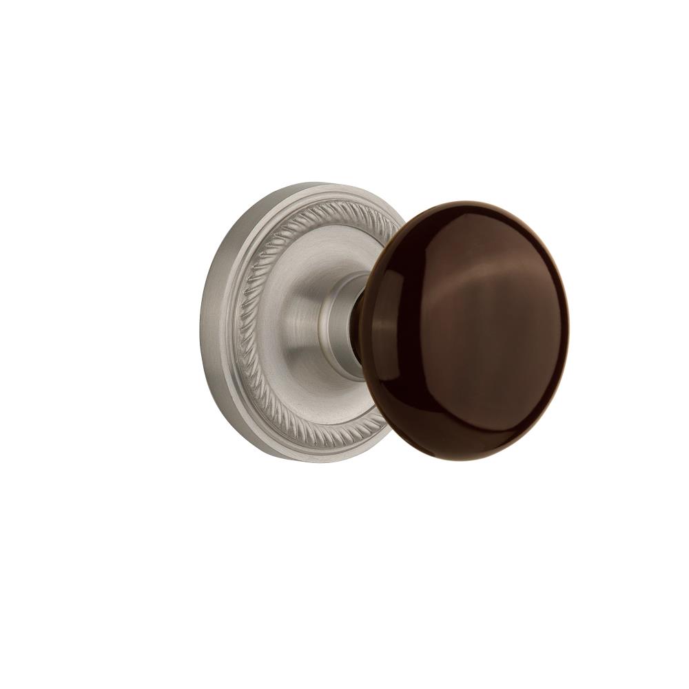 Nostalgic Warehouse ROPBRN Privacy Knob Rope Rose with Brown Porcelain Knob in Satin Nickel